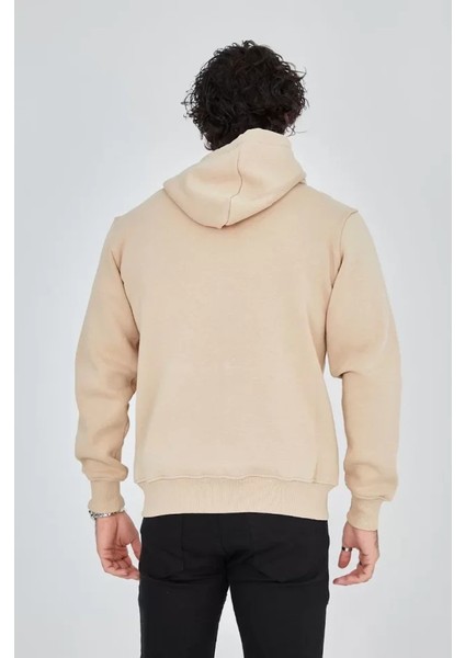 Unisex Tam Fermuarlı Kapşonlu Sweatshirt - Bej fırsatları