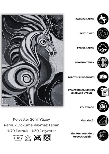 Siyah Beyaz At Figürlü Soyut Halı At Desnli Halı Soyut Halı Dijital Baskılı Dokuma Kaymaz Tabanlı Yıkanabilir Salon Halısı