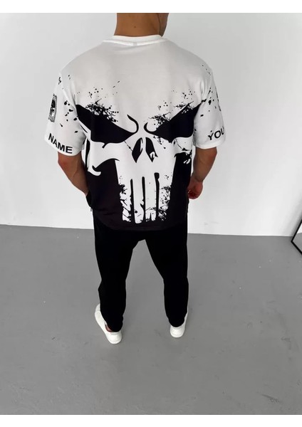 Unisex Bisiklet Yaka Baskılı Oversize T-Shirt - Beyaz fiyatları