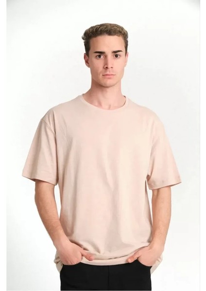Unisex Düz Biskilet Yaka Oversize T-Shirt - Bej