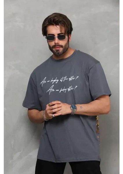 Unisex Bisiklet Yaka Baskılı Oversize T-Shirt - Füme fırsatları