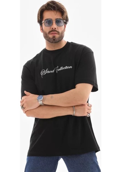 Unisex Bisiklet Yaka Baskılı Oversize T-Shirt - Siyah modelleri