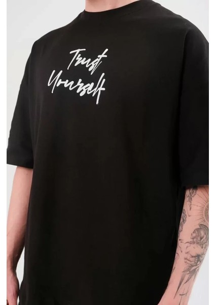 Unisex Bisiklet Yaka Baskılı Oversize T-Shirt - Siyah fiyatları