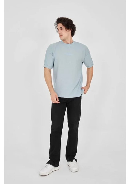 Unisex Waffle Kumaş Rahat Kol T-Shirt - Buz Mavisi fırsatları