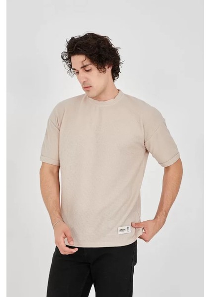 Unisex Waffle Kumaş Rahat Kol T-Shirt - Bej fiyatları