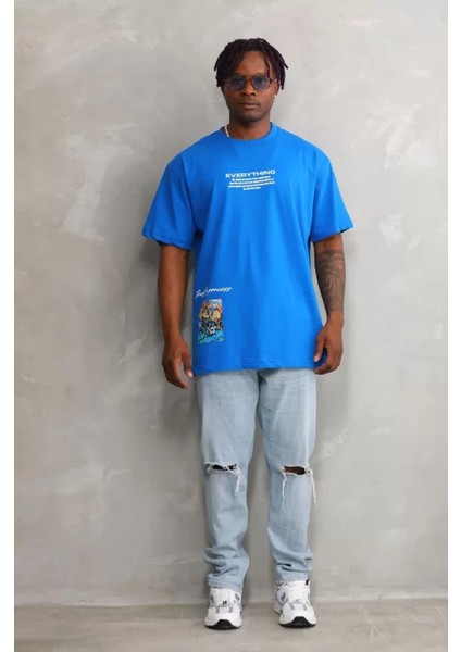 Unisex Bisiklet Yaka Baskılı Oversize T-Shirt - Mavi fırsatları