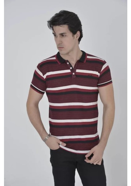Erkek Yakalı Slim Fit Dokuma Çizgili T-Shirt - Bordo fiyatları