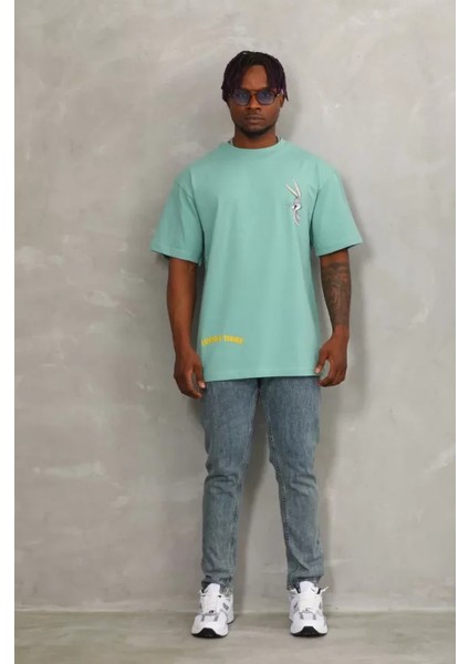 Unisex Oversize Baskılı Bisiklet Yaka T-Shirt - Mint Yeşili fırsatları