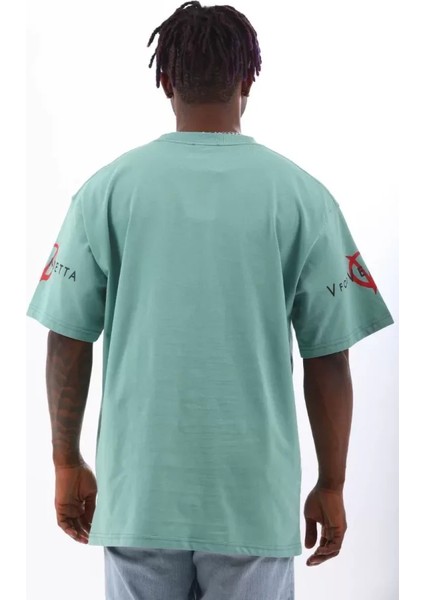 Unisex Oversize Baskılı Bisiklet Yaka T-Shirt - Mint Yeşili fırsatları