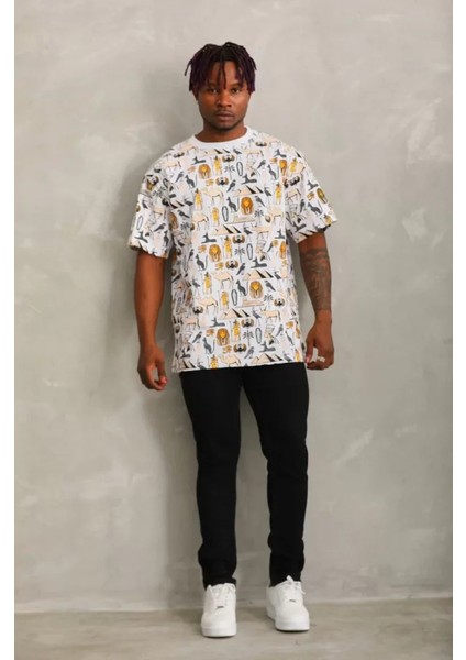 Unisex Oversize Baskılı Bisiklet Yaka T-Shirt - Beyaz modelleri