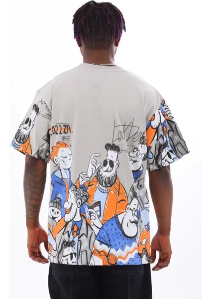 Unisex Oversize Baskılı Bisiklet Yaka T-Shirt - Gri fiyatları