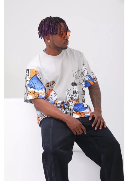 Unisex Oversize Baskılı Bisiklet Yaka T-Shirt - Gri fırsatları