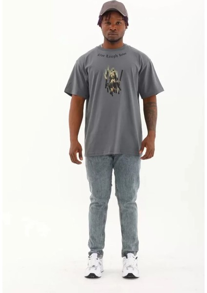 Unisex Oversize Baskılı Bisiklet Yaka T-Shirt - Füme fırsatları