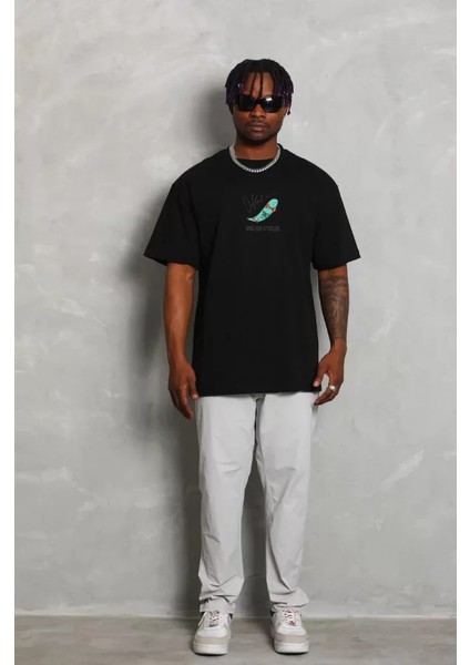 Unisex Oversize Baskılı Bisiklet Yaka T-Shirt - Siyah modelleri