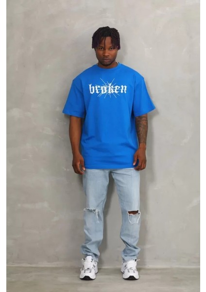 Unisex Oversize Baskılı Bisiklet Yaka T-Shirt - Mavi fırsatları