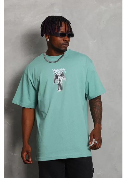 Unisex Oversize Baskılı Bisiklet Yaka T-Shirt - Mint Yeşili