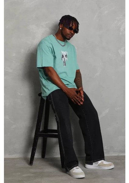 Unisex Oversize Baskılı Bisiklet Yaka T-Shirt - Mint Yeşili fiyatları