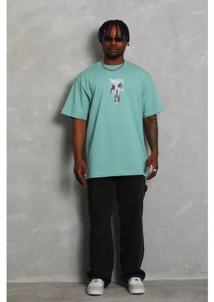 Unisex Oversize Baskılı Bisiklet Yaka T-Shirt - Mint Yeşili modelleri