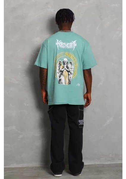 Unisex Oversize Baskılı Bisiklet Yaka T-Shirt - Mint Yeşili fırsatları