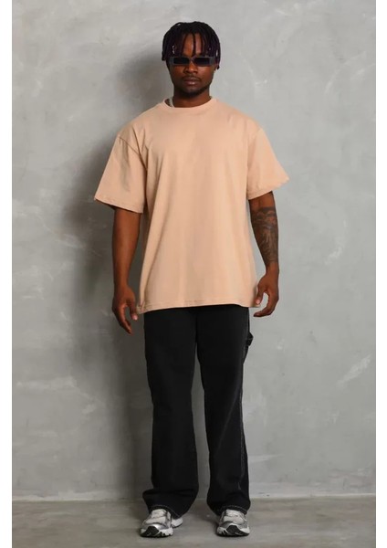 Unisex Oversize Düz Bisiklet Yaka T-Shirt - Bej