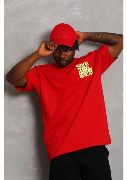 Unisex Oversize Baskılı Bisiklet Yaka T-Shirt - Kırmızı fiyatları