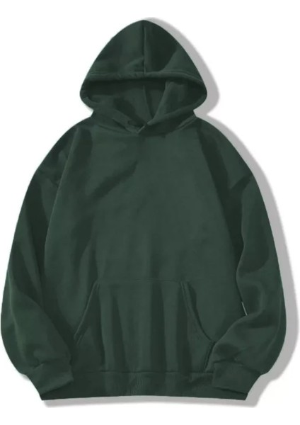 Erkek Düz Kapüşonlu Sweat - Koyu Yeşil