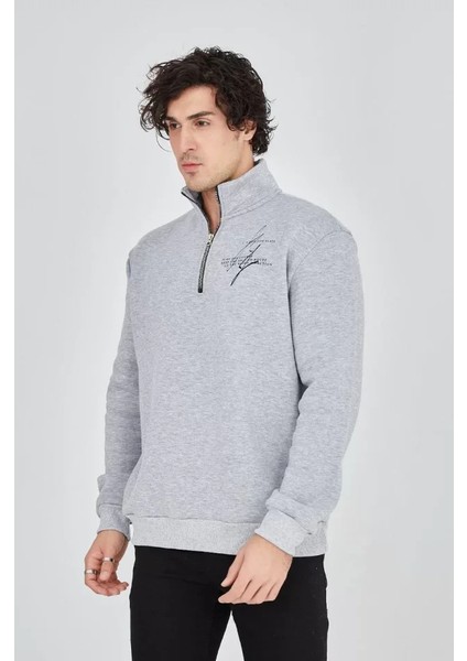 Erkek Yarım Fermuarlı Baskılı Sweat - Gri fırsatları