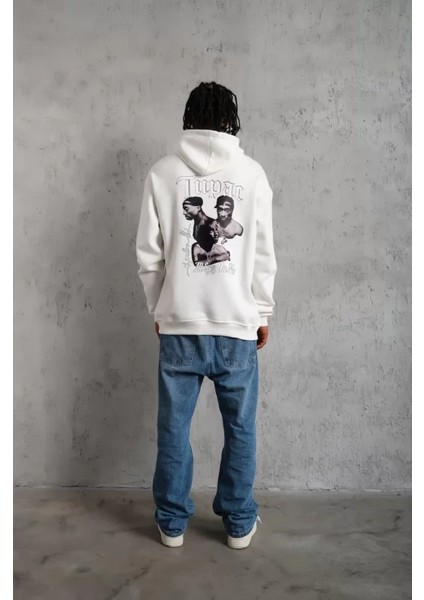 Erkek Kol ve Etek Ribana Baskılı Kapüşonlu Sweat - Beyaz modelleri