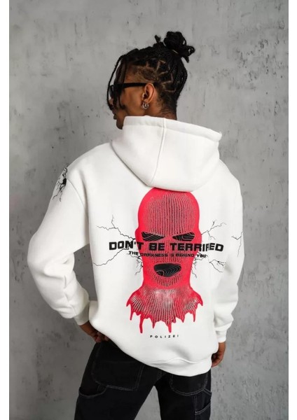 Erkek Maske Baskılı Kapüşonlu Sweat - Beyaz