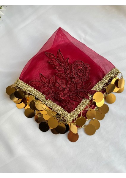 1ADET - Gül Motifli Gelin Halay Mendili -Bordo & Gold