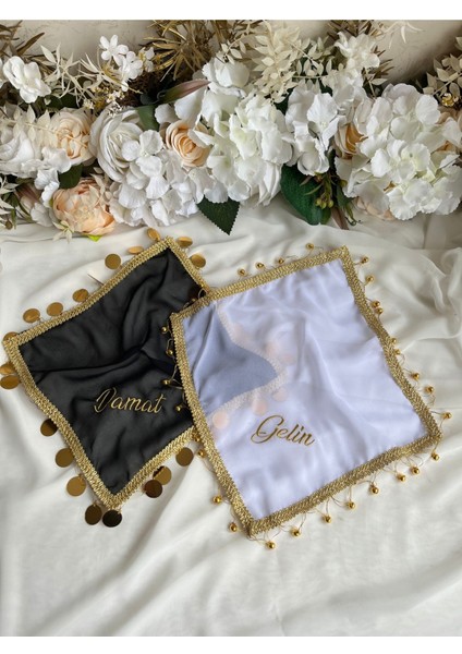 2li Nakışlı Gelin & Damat Halay Mendil - Goldinci-Beyaz Siyah & Gold