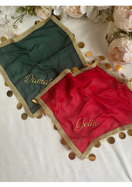 2li Nakışlı Gelin & Damat Halay Mendil - Yeşil & Kırmızı