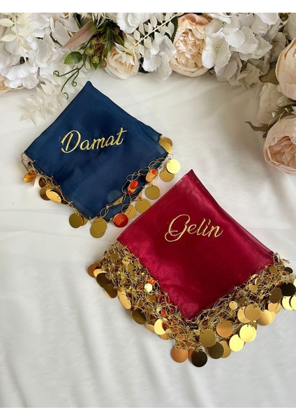 2li Nakışlı Gelin & Damat Halay Mendil - Lacivert-Bordo (Altın Pullu)