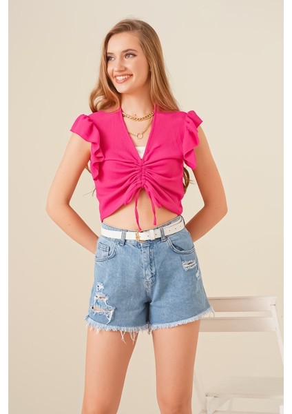 0423 Crop Örme Bluz - Fuşya