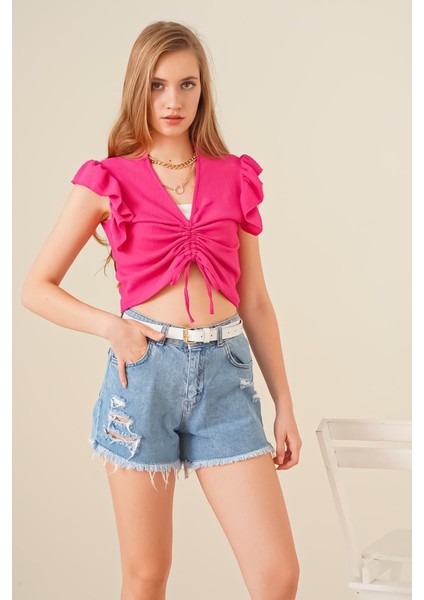 0423 Crop Örme Bluz - Fuşya
