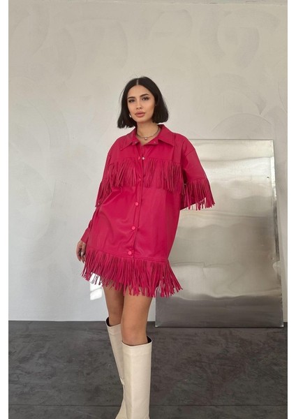 Fuşya Püsküllü Deri Gömlek