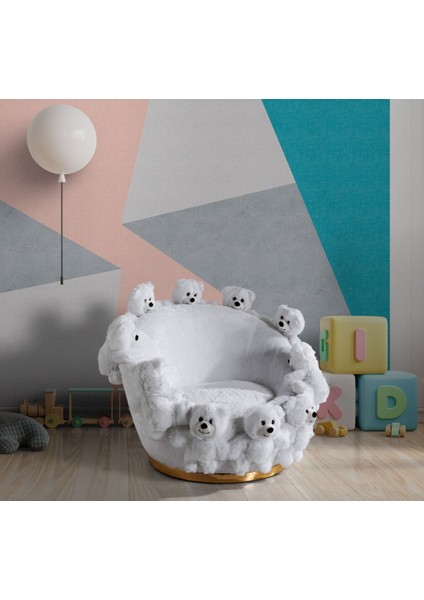 Most Teddy Kids Ayıcıklı Beyaz Peluş Kumaş Döner Berjer (Evinize Teslim)
