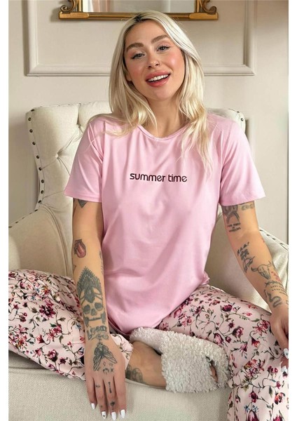Pembe Summer Time Desenli Kısa Kollu Örme Kadın Pijama Takımı