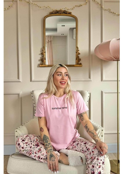 Pembe Summer Time Desenli Kısa Kollu Örme Kadın Pijama Takımı