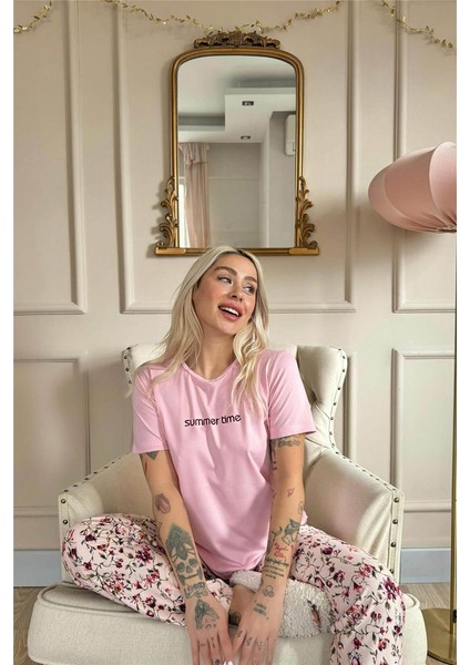 Pembe Summer Time Desenli Kısa Kollu Örme Kadın Pijama Takımı