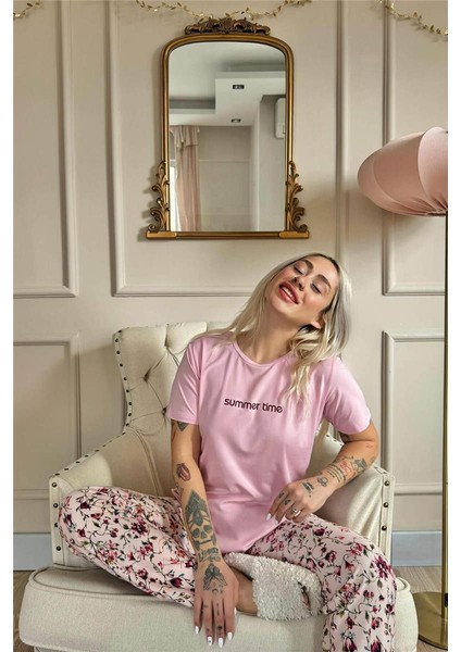 Pembe Summer Time Desenli Kısa Kollu Örme Kadın Pijama Takımı