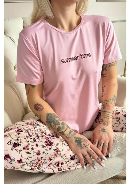Pembe Summer Time Desenli Kısa Kollu Örme Kadın Pijama Takımı