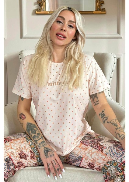 Bej Vintage Desenli Kısa Kollu Örme Kadın Pijama Takımı