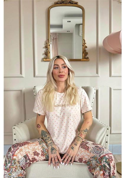 Bej Vintage Desenli Kısa Kollu Örme Kadın Pijama Takımı