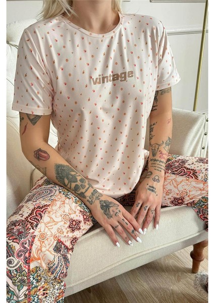 Bej Vintage Desenli Kısa Kollu Örme Kadın Pijama Takımı