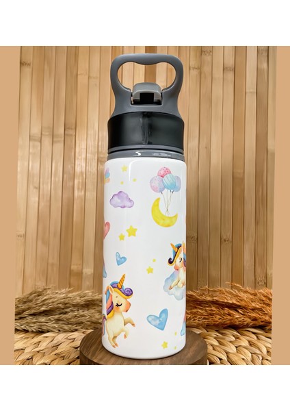 Kişiye Özel Isimli Kız Çocuk Unicorn Pipetli Suluk Matara 650 ml