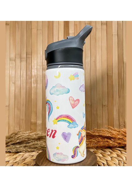 Kişiye Özel Isimli Kız Çocuk Unicorn Pipetli Suluk Matara 650 ml