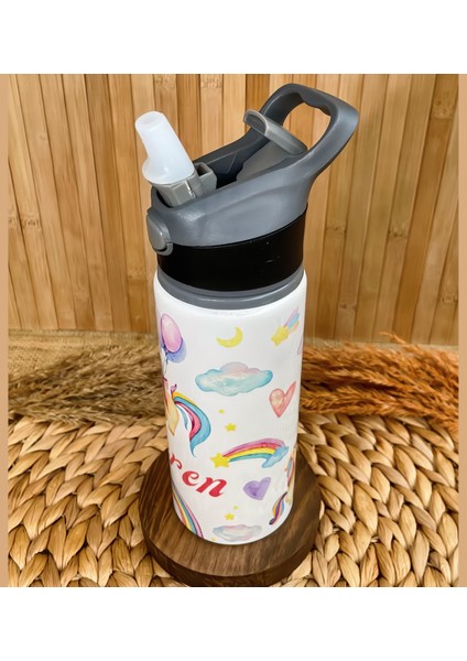 Kişiye Özel Isimli Kız Çocuk Unicorn Pipetli Suluk Matara 650 ml