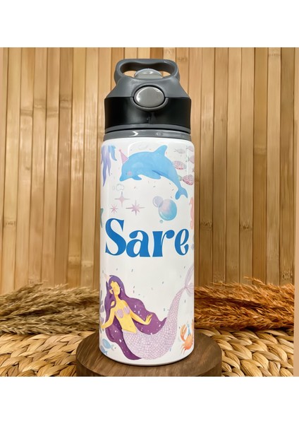 Kişiye Özel Isimli Kız Çocuk Deniz Kızı Pipetli Suluk Matara 650 ml
