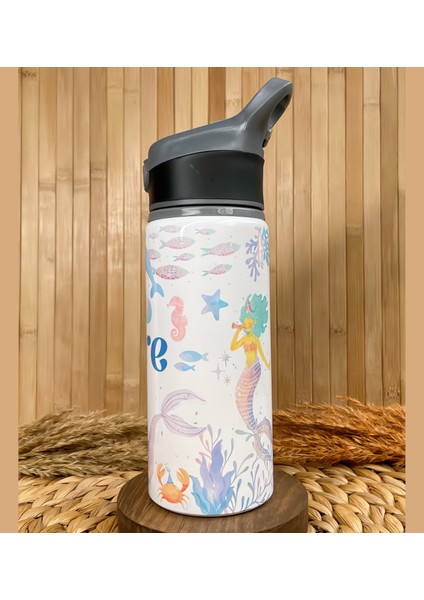 Kişiye Özel Isimli Kız Çocuk Deniz Kızı Pipetli Suluk Matara 650 ml